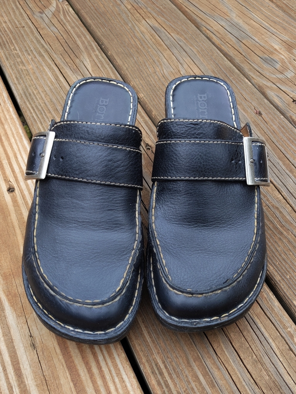 Born Black Leather Y2K Platform Chunky Wedge Clogs with Buckle Straps Size 10